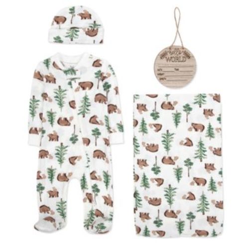 Baby Boy Footie, Swaddle, Hat & Wood Sign, 4-Piece Set