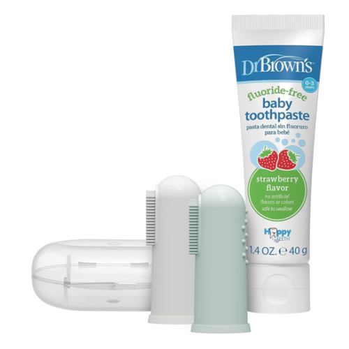 Dr. Brown's 100% Silicone Baby Finger Toothbrush and Fluoride-Free Strawberry Toothpaste Set with Storage Case - 3pc