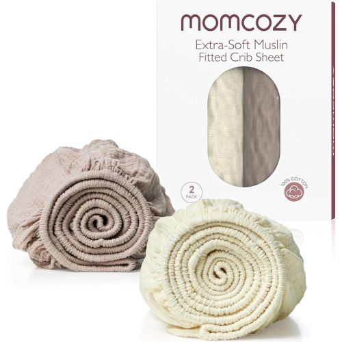 Momcozy Muslin Fitted Mini Crib Sheets, 38"x26", 2 Pack Soft Breathable Natural Cotton Baby Mattress Sheet, 360° Mattress Wrapping No Slip Boys Girls Neutral Toddler Bed Sheet, Beige Coffee Red
