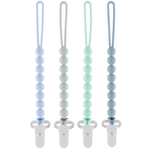 Silicone Pacifier Clip, 4 Pack One Piece Beads Pacifier Clip Holder for Baby Boys Girls, Flexible Pacifier Clips for Baby Essentials, Safe for Newborns, Teething Relief, Rust-Free Holder Clip - Elephant