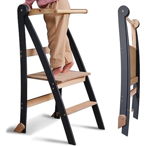 Wooden Montessori Learning Tower Space-Saving: Foldable Learning Tower, Stool for Children, Foldable Kids' Step Stool, Learning Tower with Anti-Tip Protection