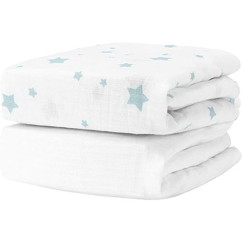 Newton Baby Organic Fitted Crib Sheets (2-Pack) - Ultra Breathable and Soft, 100% Organic Muslin Cotton, Stardust in Moonstone Mist & Solid White, Fits Standard Cribs