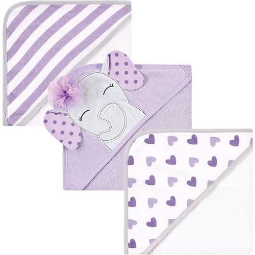Hudson Baby Unisex Baby Cotton Rich Hooded Towels, Purple Dots Pretty Elephant, One Size