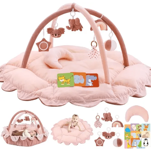 5-in-1 Plush Baby Play Gym, Baby Play Mats, Convertible Baby Gym with Pillow, Tummy time mat, 6 Sensory Toys, Baby Activity Center from Newborn to Toddler, Pet Bed, Cat & Dog Bed, Ball Pit, Pink