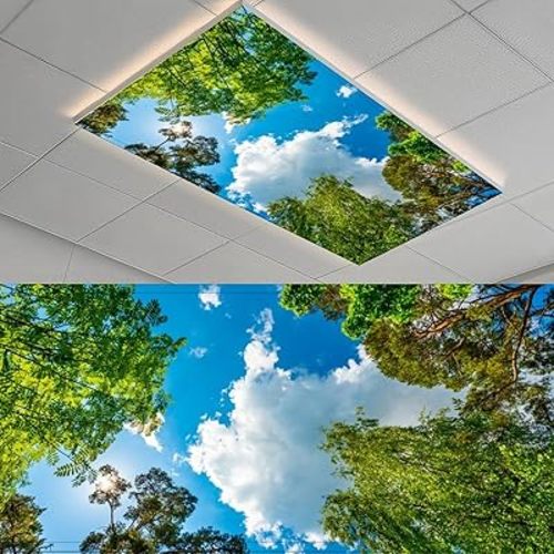 2 Pack Fluorescent Light Cover for Classroom, Green Tree Drop Ceiling Decorative Film Filter,Blue Sky Eliminate Harsh Glare Causing Eyestrain and Headaches…