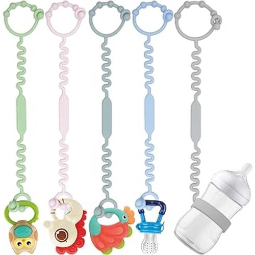Toy Straps for Baby, Pacifier Holder Clip with Self-Adjusting Bayonet, Pure Silicone Material without BPA; Can Be Used for Teethers, Feeding Bottles, Toys, Baby Cribs, High Chairs(5PS)