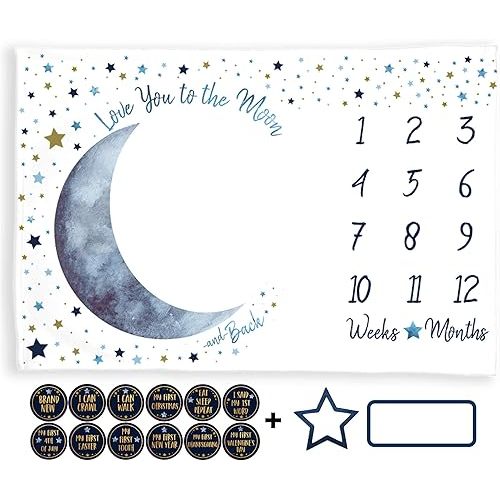 Milestone Blanket Boy, Blue Moon Month Tracker, First Year Calendar Monthly Growth Chart, Photo Prop Mat, Baby Boy Shower Gifts, I Love You to the Moon and Back Nursery, (Minky 60"x40")