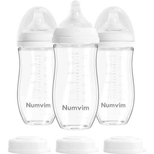 Glass Nurturing Baby Bottles for Breastfeeding Babies, Baby Essentials, Gentle Medium Flow, Wide Neck Bottle with Anti Colic Nipple for 3 Months Babies, 3 Packs (White, 8oz)
