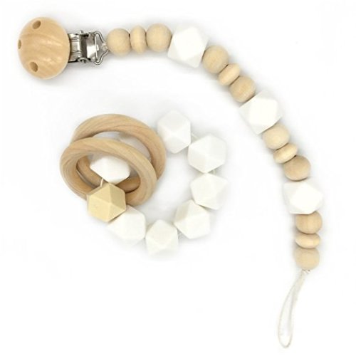Amyster Wooden Baby Teether Ring Wood Pacifier Clip Organic Wood Montessori Toy Silicone Beads Teether Infant Teether BPA Free