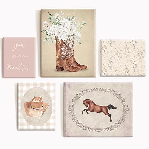 Cowgirl Nursery Wall Art Coquette Western Girl Poster Vintage Horse Floral Canvas Pictures Aesthetic Pink Preppy Room Wall Decor Rustic Cowgirl Prints for Girls Bedroom 12x16x5 Inch Framed