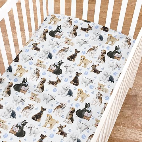 Cute Dogs Fitted Baby Crib Sheets for Girl Boy 52"x28" Funny Dogs Paws Blue Soft Breathable Crib Mattress Covers Dogs Lovers Gift Nursery Baby Sheet for Standard Crib and Toddler Mattress Pads
