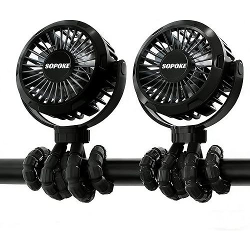 SOPOKE 2PCS Mini Portable Baby Stroller Fan,3 Speed Personal Handheld,Battery Operated Rechargeable 360° Flexible Tripod Cooling, Suitable for Car Seat Crib Treadmill Golf Cart Travel (Black-Black)