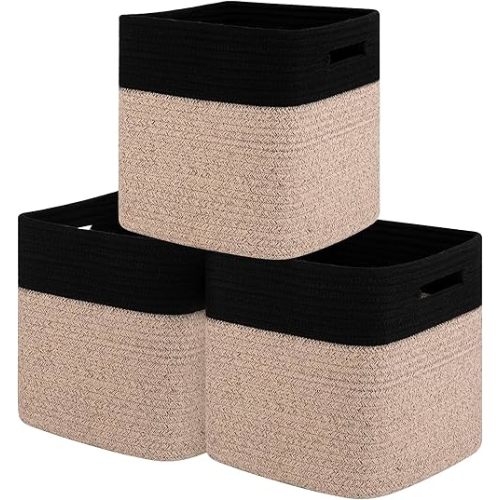 Storage Cubes 11 Inch Cotton Rope Woven Baskets for Organizing, 3-Pack Cube Storage Bin | Square Baskets for Shleves, Closet, Baby Nursery Bins, Black & Brown