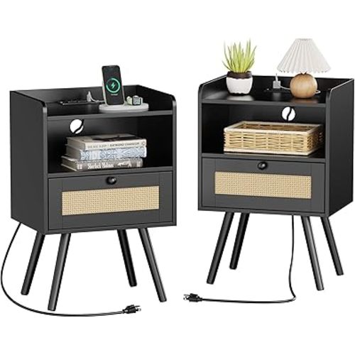 SUPERJARE Nightstands with Charging Station, Bedside Table Set of 2 with PE Rattan Drawers, Rattan Side Table with Storage & Solid Wood Feet, End Table for Bedroom, Black