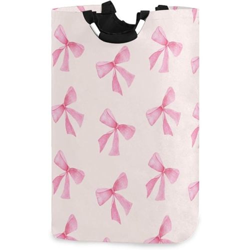 xigua Pink Bow Large Laundry Hamper with Handle, Foldable Clothes Hamper Collapsible Storage Basket for Toys and Clothes Organization in Bedroom, Bathroom, and Laundry Room