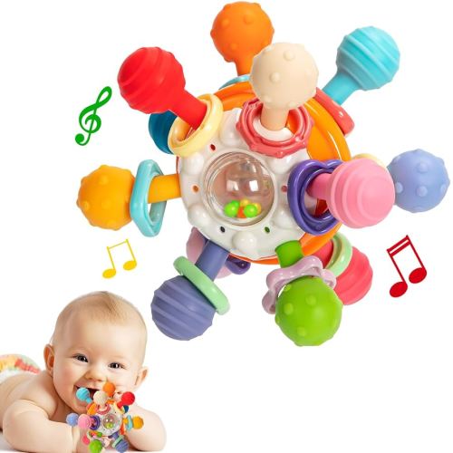 Baby Teething Toys, Baby Teethers Montessori Sensory Toys for 0-6 6-12 Months, Gifts for 1 Year Old Boys Girls Infant Newborn 0 3 6 9 12 18 Months Toys- Orange
