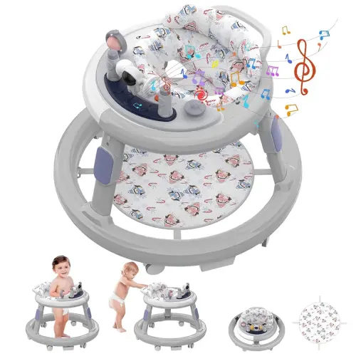Baby Walker Foldable, Baby Walker with Wheels, Infant Toddler Walker with Foot Pads, Anti-Fall Baby Walkers and Activity Center for Boys Girls Babies 6-24 Months with Music Adjustable Heights (Grey)