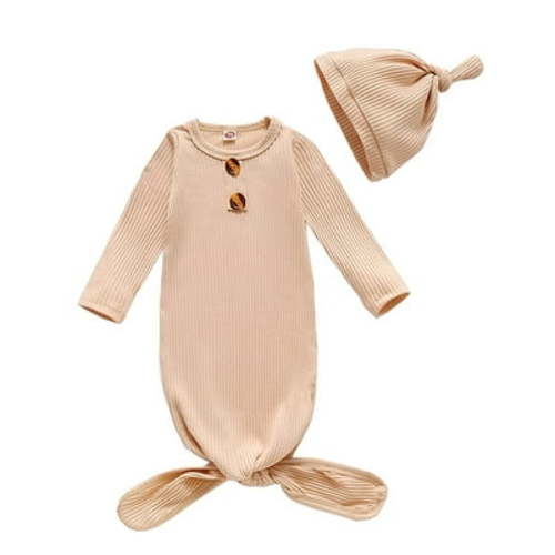 WIBACKER Unisex Newborn Baby Cotton Sleeper Gowns with Cap Long Knotted Sleeping Bag 3-6 Months