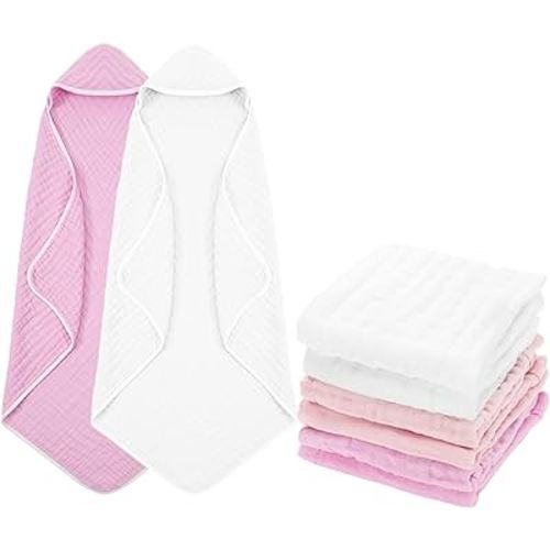 8 Pack Baby Bath Towels and Wash Cloth Set Muslin Hooded Soft 100% Cotton Baby Hooded Bath Towel Absorbent Towels Cloths for Babies, Infant, Toddler and Kids Newborn(Pink Series)