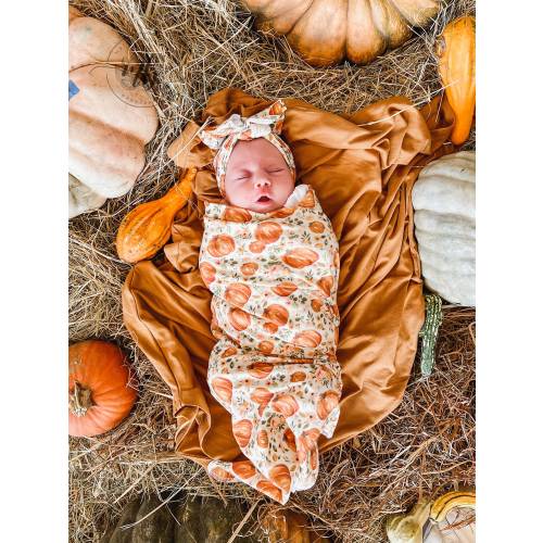 Pumpkin Floral Watercolor Swaddle Blanket + Matching Bow Set