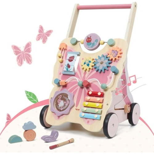 Giant bean Wooden Baby Walker for Girls Kids 12 Month+, Pink Butterfly Push Pull Learning Walker 21"H