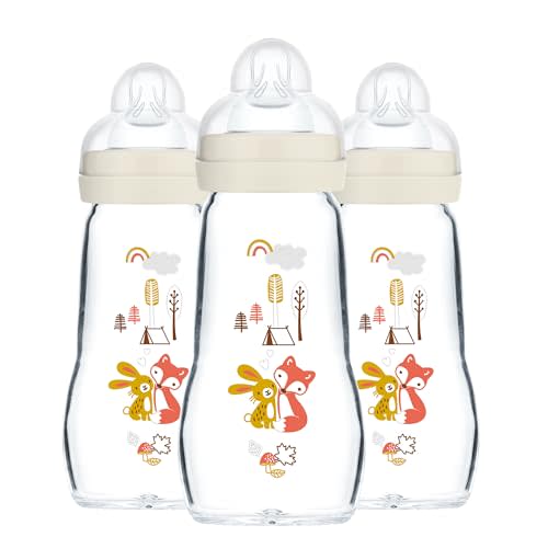 MAM Feel Good Medium Flow Premium Glass Bottle, Easy Switch Between Breast and Bottle, 9oz, 0+ Months, Unisex, 3 Pack