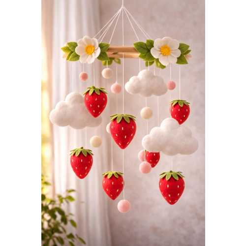 Strawberry Baby Mobile – Floral Nursery Decor – Handmade Felt Fruit Crib Hanging – Cottagecore Infant Room Accent – Sweet Garden Themed Gift