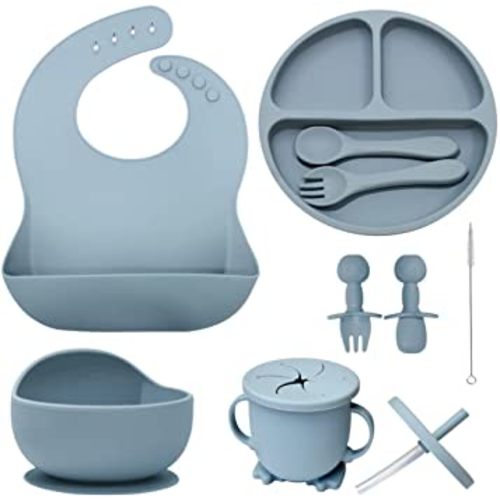 10 Piece Baby Feeding Set | 100% Food Grade Silicone | Non Slip | Self Feeding Utensils | Led Weaning Supplies | Microwave and Dishwasher Safe
