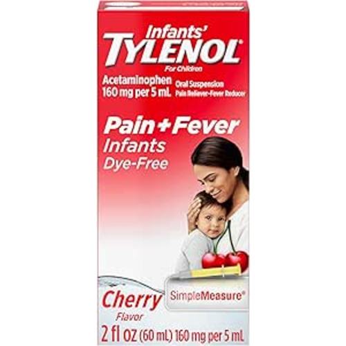 Infants' Tylenol Liquid Pain Reliever and Fever Reducer Medicine, Acetaminophen Oral Suspension for Sore Throat, Headache & Teething, Kids Fever Reducer; Dye-Free Cherry Flavor, 2 fl oz, Pack of 1