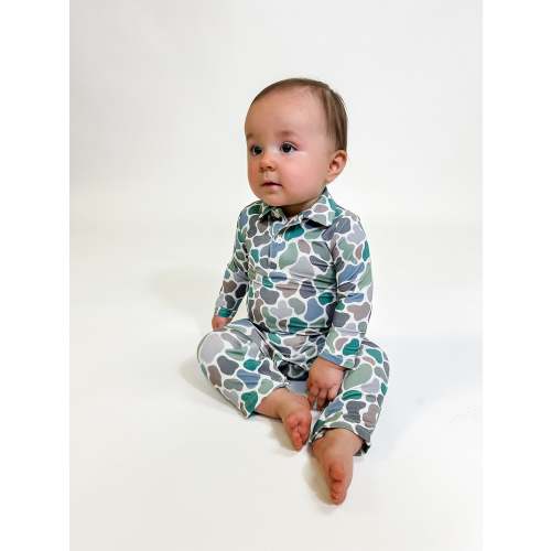 Long Sleeve Polo Romper-Pebble Camo