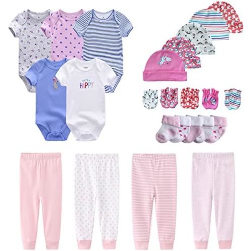 Newborn Layette Gift Set Bodysuits Pants for Baby Girl and Boy 24 Piece 100% Cotton Essentials and Accessories