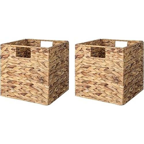 StorageWorks Wicker Baskets for Storage with Liners, Water Hyacinth Storage Baskets for Organizing, Handwoven Wicker Storage Cubes, Medium, 2 Pack