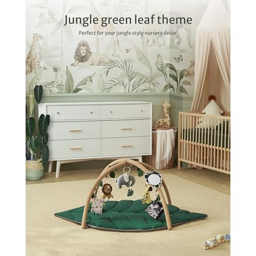 Blissful Diary Baby Play Gym & Activity Mat, Oversize Leaf Shaped Tummy Time Baby Play Mat w 6 Detachable Toys Promotes Motor Skills & Sensory Development, Newborn Infant Essentials Gift, Forest Green