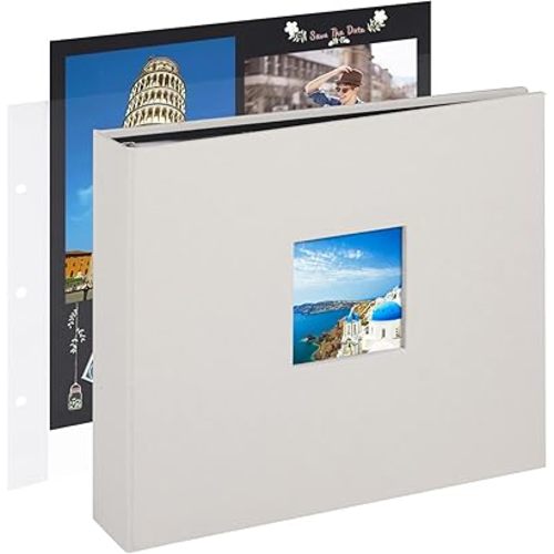 10x10 Inch 3 Ring DIY Scrapbook Photo Album Journal with 30 Plastic Sleeves 60 Pages and Fabric Cover for Baby Travel Wedding Couple Anniversary kids Adventure (Beige Cover/Black Pages)