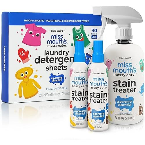 Miss Mouth's Messy Eater Stain Treater Spray - 16oz Stain Remover - 4oz 2 Pack - Laundry Detergent Sheets