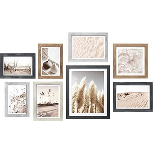 ArtbyHannah Gallery Wall Frame Set, Vintage Picture Frames Collage Wall Decor with Neutral Pampas Grass Art for Living Room Bedroom, Assorted Size Including 8"x10", 5"x7", 4"x6", 6"x6" (8 Pack)