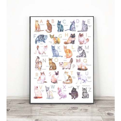 Cat Alphabet Watercolor Poster