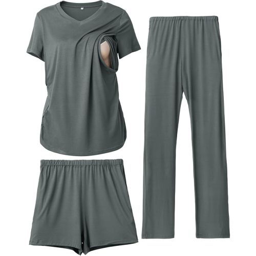 Rnxrbb 3 Piece Women's Maternity Nursing Pajamas Set V Neck Breastfeeding Pjs Sleepwear Postpartum Shorts&Pants Pockets