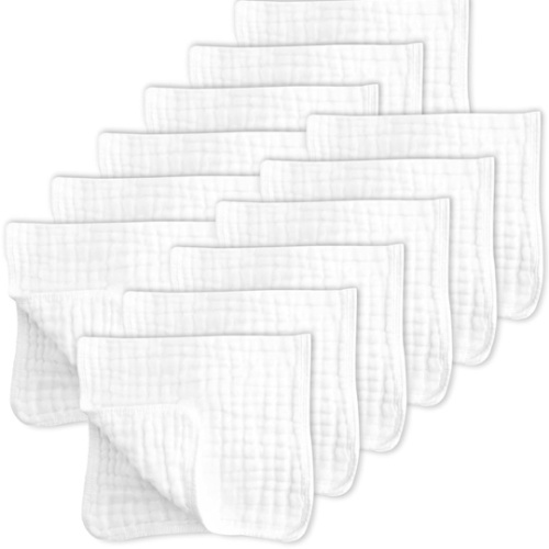 SWEET DOLPHIN 12 Pack Muslin Burp Cloths Large 100% Cotton Hand Washcloths for Baby - Baby Essentials Extra Absorbent and Soft Boys & Girls Milk Spit Up Rags for Newborn Registry - White, 20" X10"