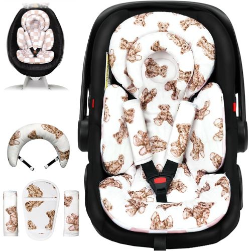 Infant Car Seat Insert with Removable Cushion for Preemie to Toddler, Reversible Newborn Carseat Insert for Baby Head Body Support, Fits for Stroller, Baby Swing, Bouncer (Teddy Bear)