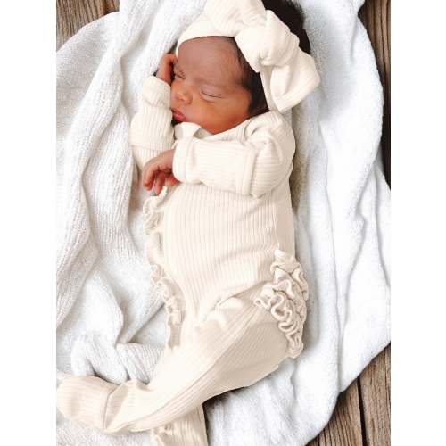 Ivory / Organic Ribbed Frill Zip Footie