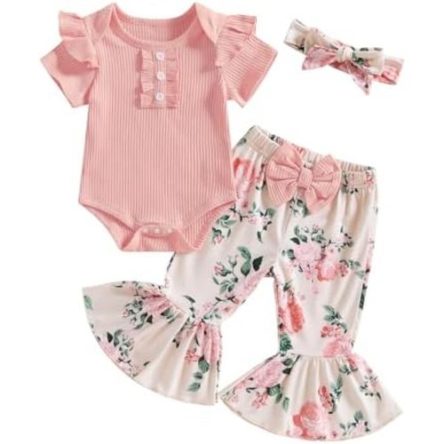 Infant Girl Outfit Newborn Baby Girl Summer Clothes Rib Knit Romper Bell Bottom Pants Set Cute Western Cowgirl Outfit