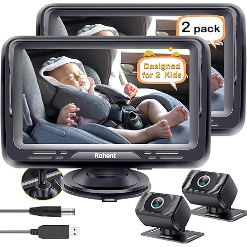 Rohent Baby Car Camera 2-Pack - Dual HD 1080P Monitors with Night Vision, Adjustable Angles, Glare-Free Display, Easy Installation for Two Kids, Ideal for Road Trips