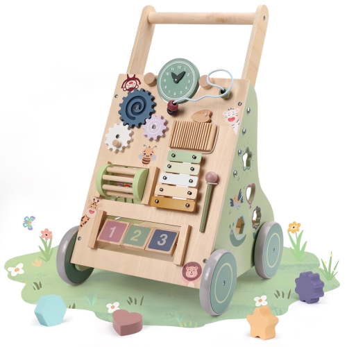 Wooden Baby Walker, Caveen Montessori Push Walker with Activity Center，Adjustable Speed and Height Baby Push Walking Toys for 12 Months