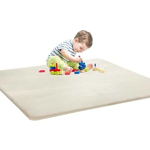 Thick Memory Foam 50x50 Play Mat for Playpen, Super Soft Velvet Portable Baby Playpen Mat for Kids Toddler Crawling and Play, Non-Slip Bottom Playmat, Cream