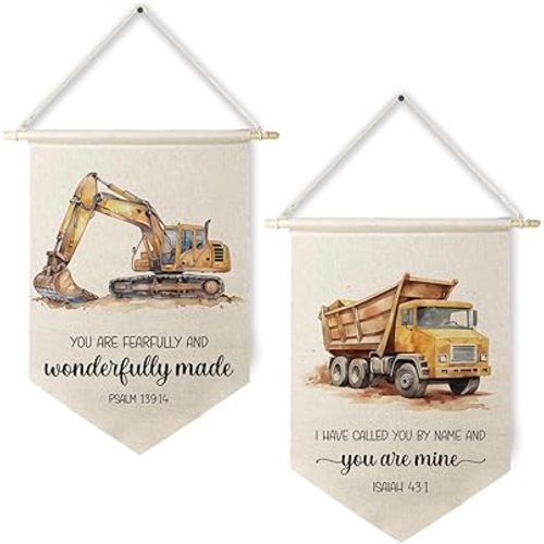 Qpenm Construction Decor for Boys Room, Construction Bible Verses Wall Hanging Canvas Banner, Christian Nursery Hanging Pennant Flag Posters Prints for Toddler Little Boys Kids Room Decor, Set of 2