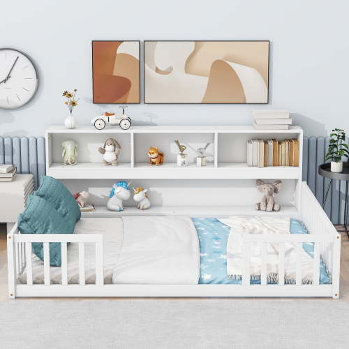 Full Floor Bed with Bookcase and Shelves, Wood Montessori Floor Bed Frame with Guardrails for Boys, Girls, White