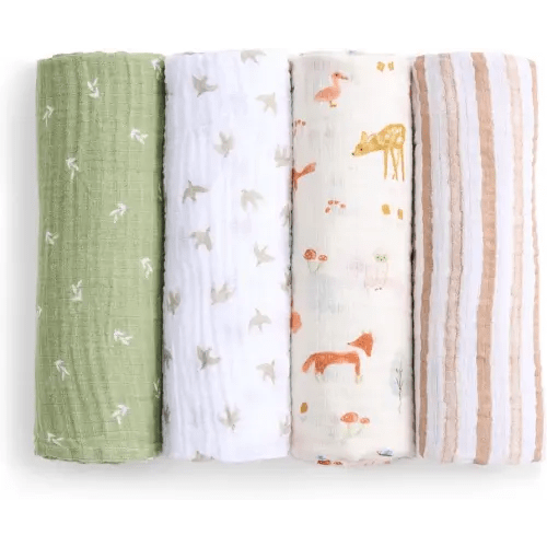 aden + anais Essentials Cotton Muslin Swaddle, Breathable Baby Blanket, Ideal for Boys, Girls, Newborns, Babies & Infants, Receiving Blanket, Soft and Lightweight Wrap, 4 Pack, Sage Woodland