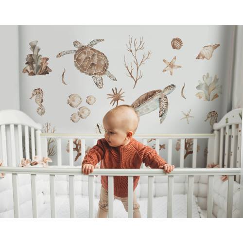 Turtle Underwater World Coral Sea Horse, Removable Wall Decal, Stickers Decor Watercolor Large Turtle Wall Stickers