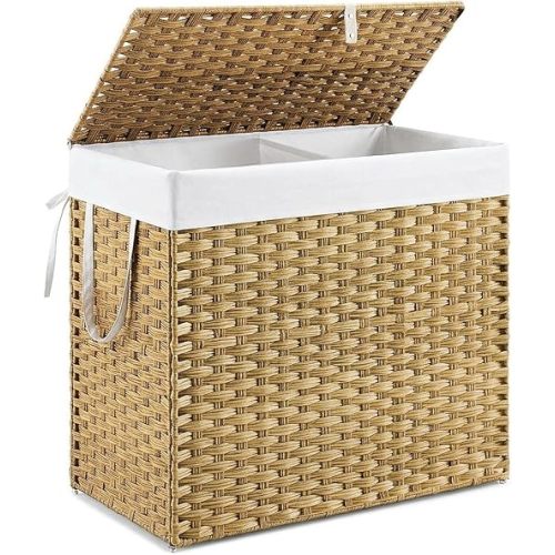 DUMOS Wicker Laundry Basket with Lid, 110L Woven Laundry Hamper with Handles, Foldable Rattan Clothes Hamper with Removable Liner & Sturdy Steel Frame, Goose Yellow